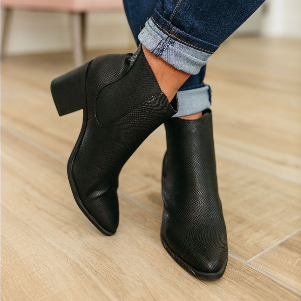 Faux snakeskin booties